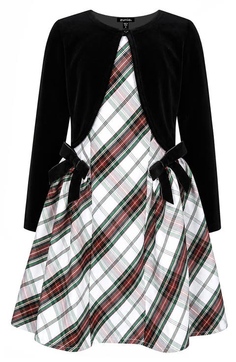 Kids' Plaid Dress & Velvet Cardigan Set