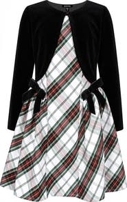 Zunie Kids' Plaid Dress & Velvet Cardigan Set