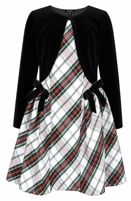 Kids' Plaid Dress & Velvet Cardigan Set