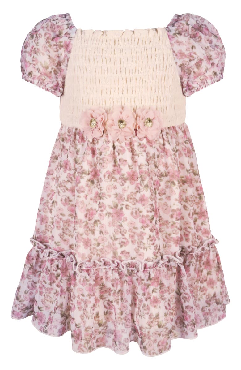 Zunie Puff Sleeve Lace Trim Chiffon Party Dress, Main, color, Ivory/ Blush