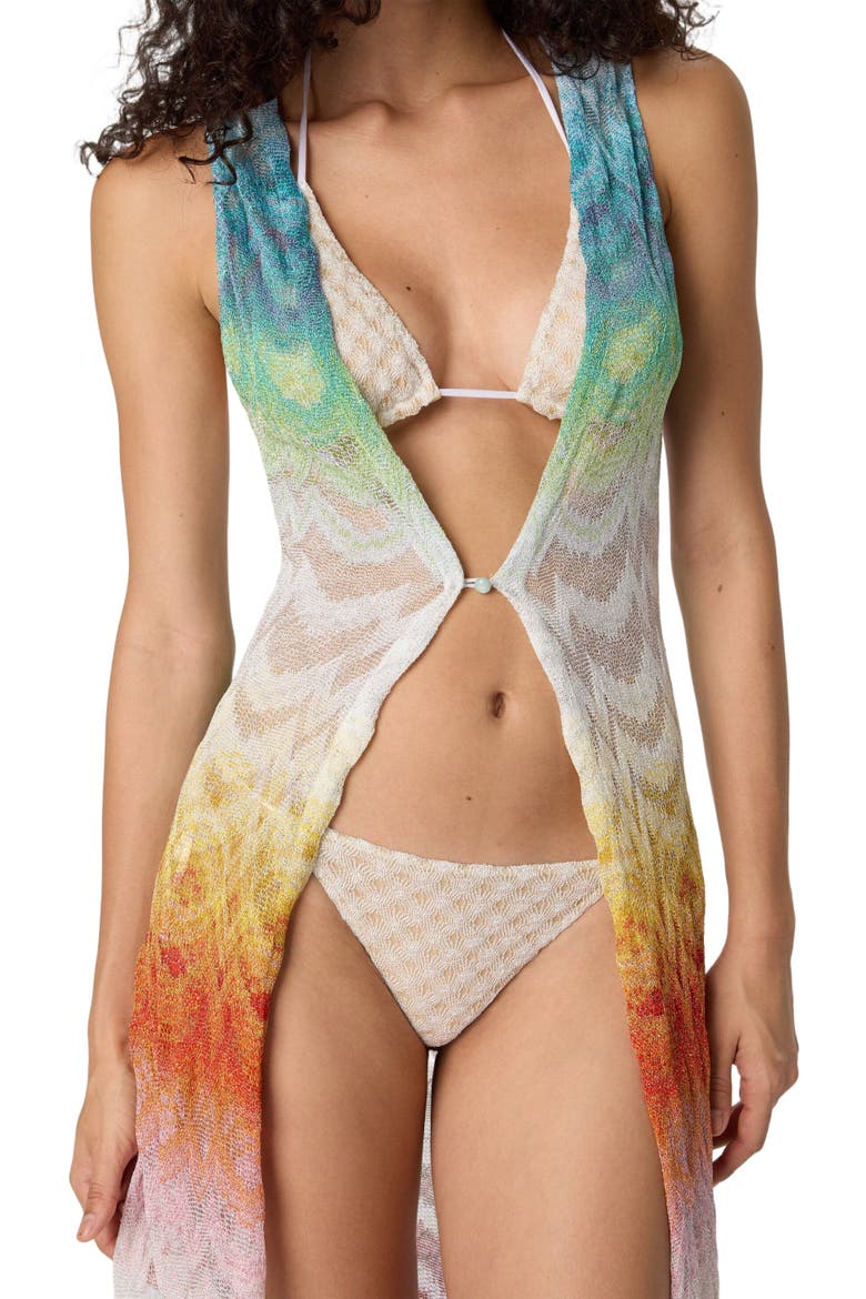 Long Gilet Cover-up In Shaded Lamé Viscose, Alternate, color, Multicoloured