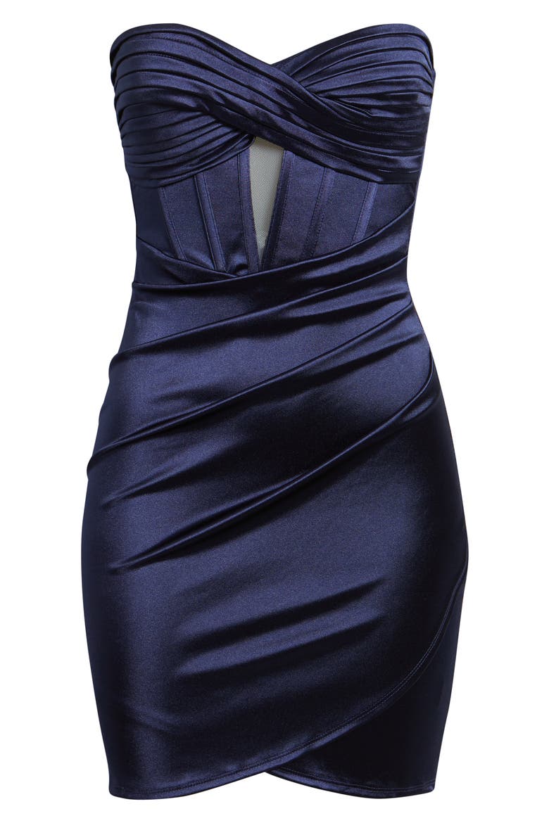 Twist Strapless Satin Minidress, Alternate, color, NAVY