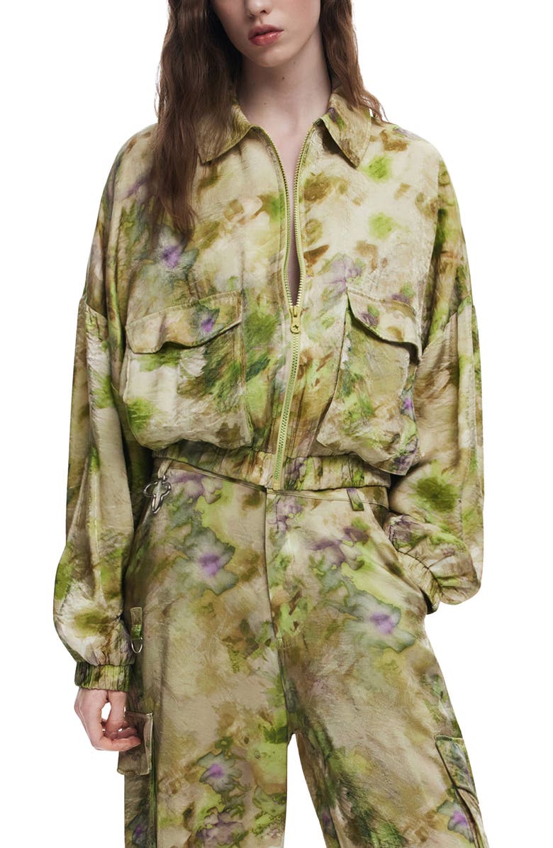 Desigual Abstract Floral Bomber Jacket, Main, color, Light Green