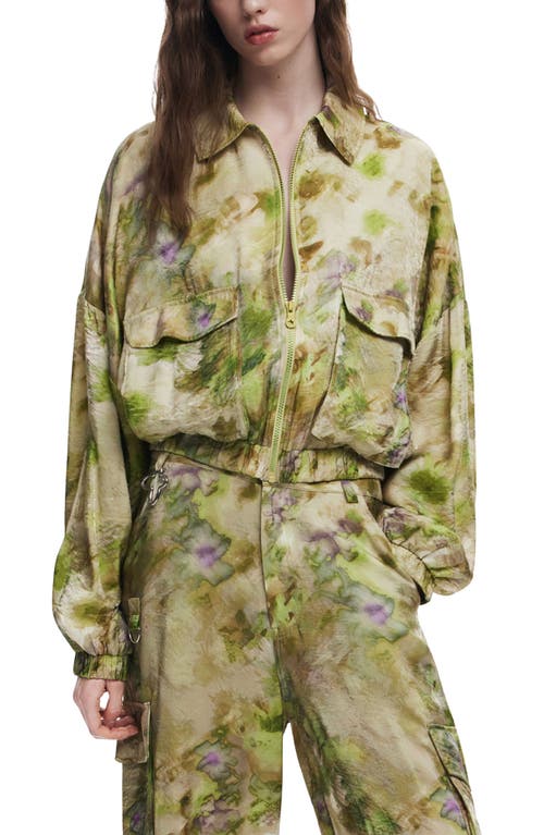 Desigual Abstract Floral Bomber Jacket In Light Green