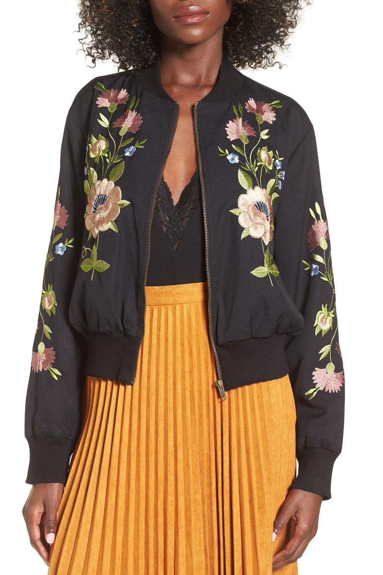 Floral Embroidered Bomber Jacket, Main, color, BLACK