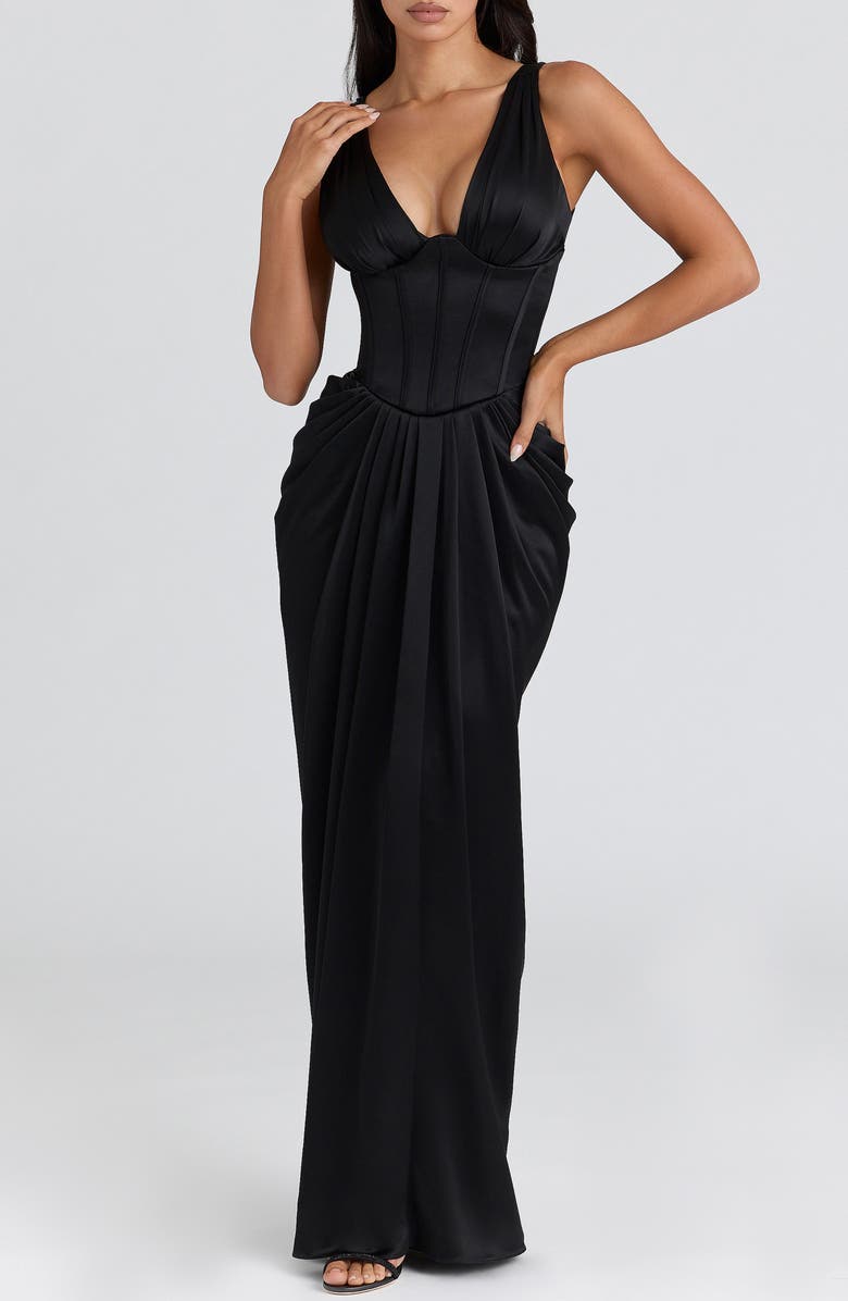 HOUSE OF CB Angeline Strapless Satin Corset Gown, Alternate, color, Black