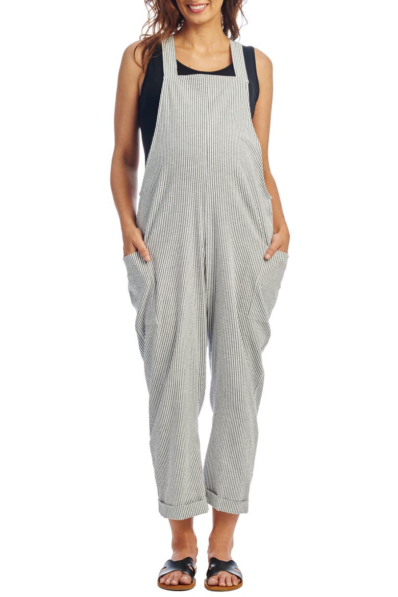 Nani Maternity/Nursing Seersucker Overalls, Main, color, BLACK STRIPE