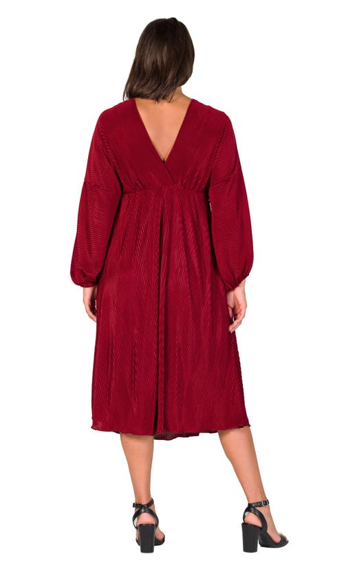 24seven Comfort Apparel Shimmer Pleated V-neck Empire Waist Bishop Sleeve Midi Dress In Burgundy