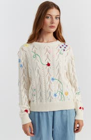 Chinti & Parker Hand-Embroidered Floral Cotton Sweater