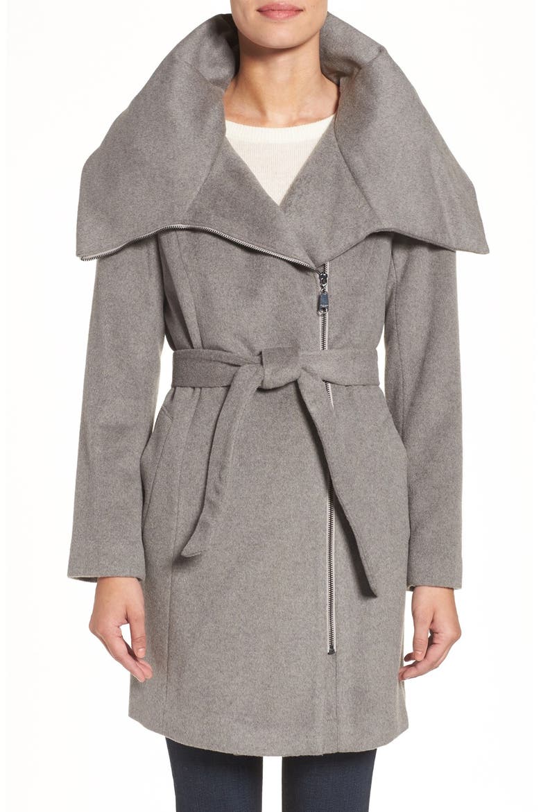 Cole Haan Signature Belted Asymmetrical Wool Blend Coat, Main, color, PLATINUM