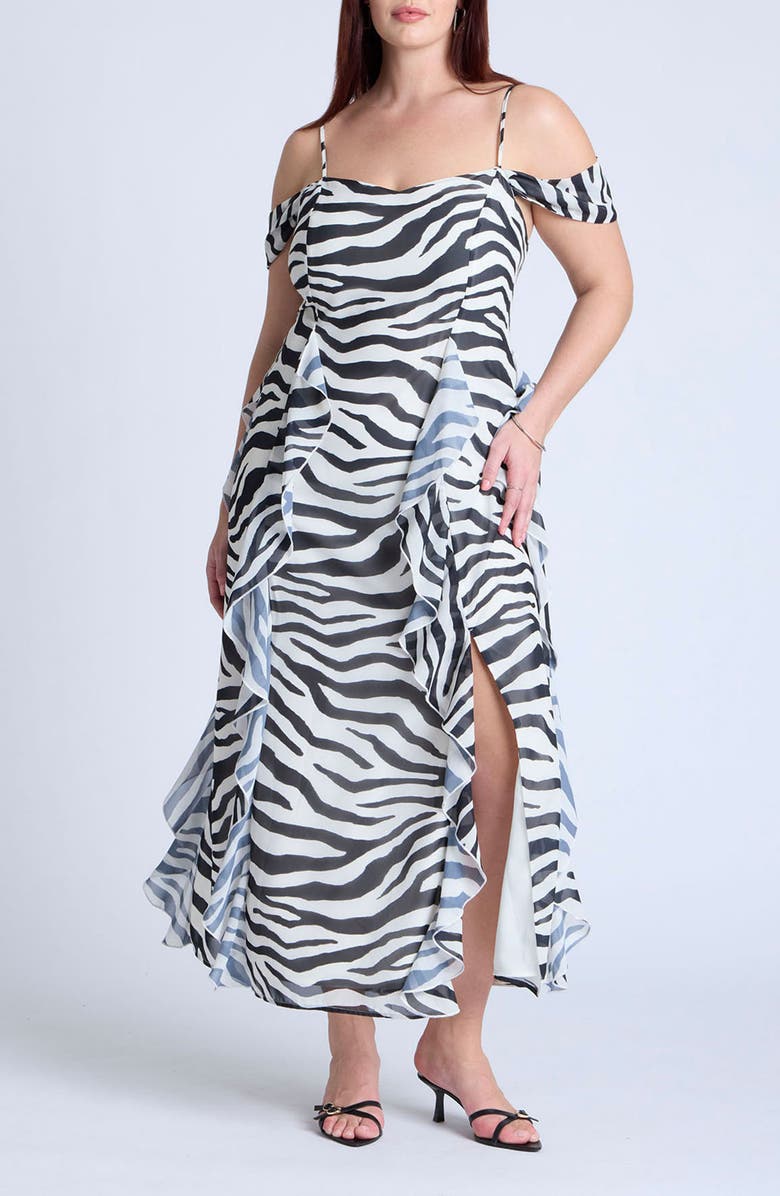 ELOQUII Zebra Print Cold Shoulder Maxi Dress, Main, color, 