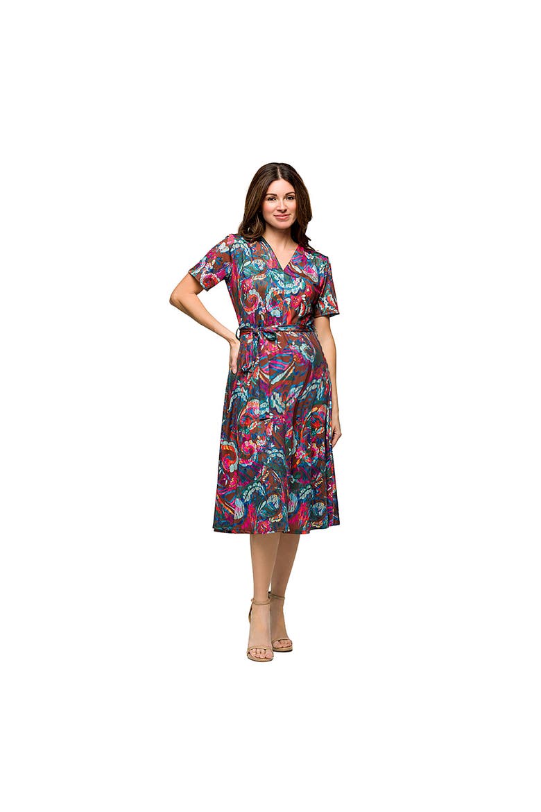 Maternity Brown and Pink Print Short Sleeve Tie Waist Midi Dress, Alternate, color, Brown Multi