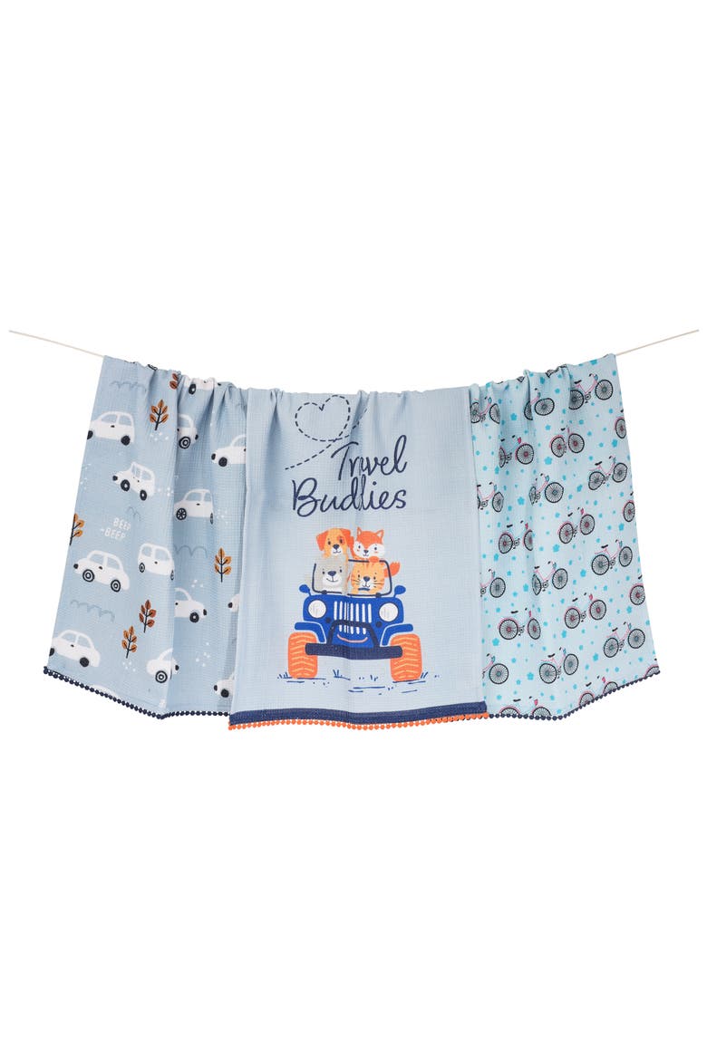 The Wayfarer Set of 3 Cotton Waffle Kitchen Towels, Main, color, DUSTY BLUE/ CLEMENTINE