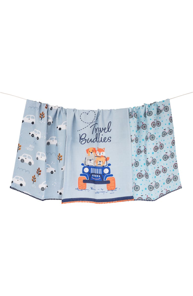 Tiramisu The Wayfarer Set of 3 Cotton Waffle Kitchen Towels, Main, color, Dusty Blue/ Clementine