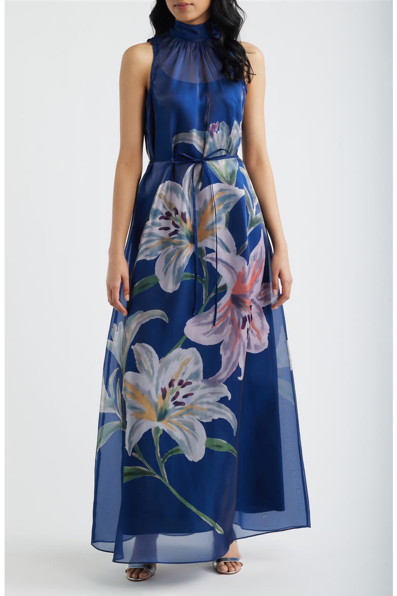 Printed Tie Neck Organza Cocktail Dress, Main, color, NAVY MULTI
