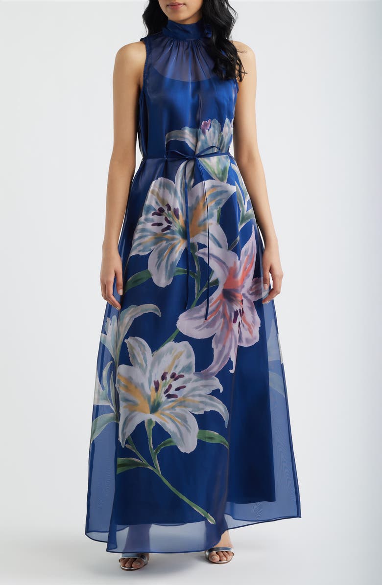 Julia Jordan Printed Tie Neck Organza Cocktail Dress, Main, color, 