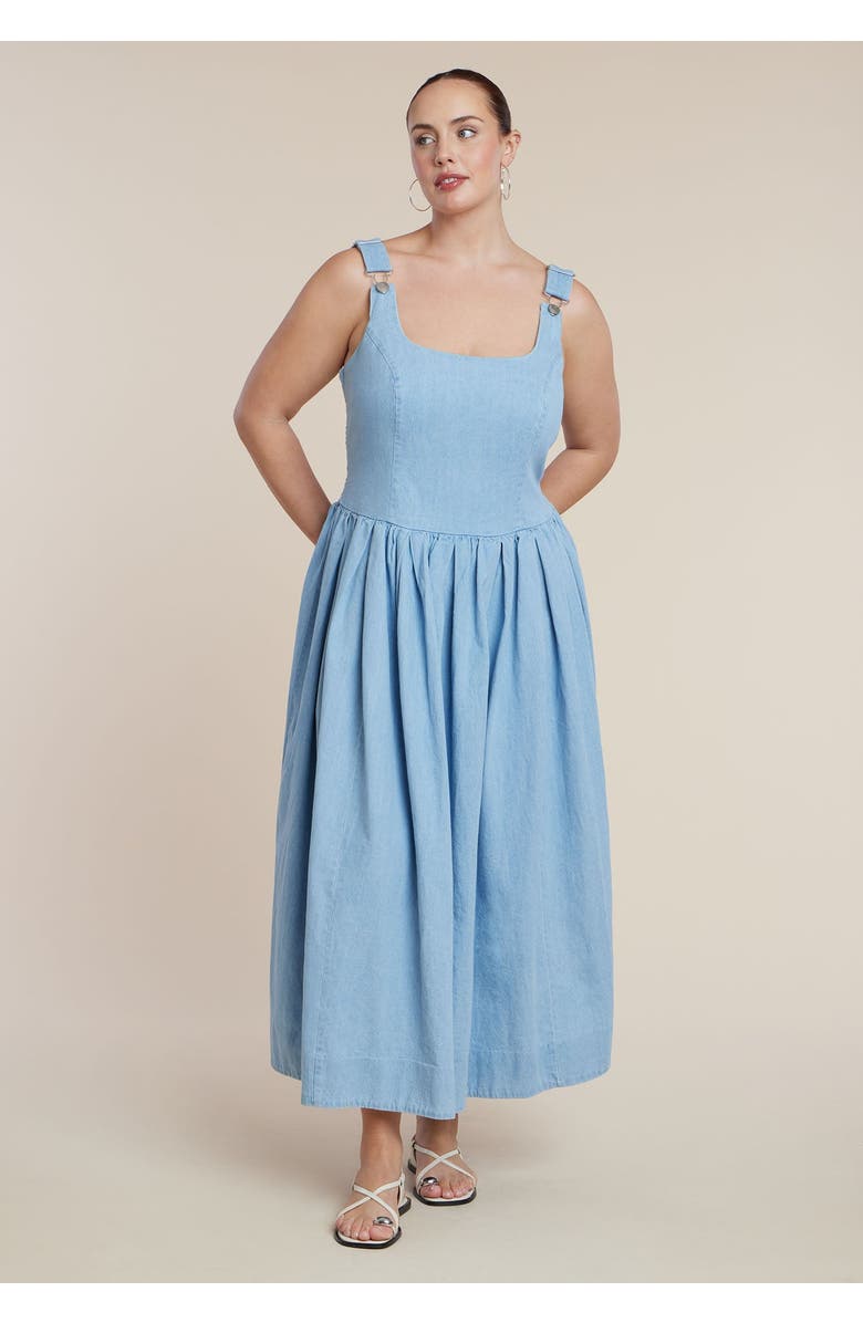 ELOQUII Drop-Waist Chambray Maxi Dress, Main, color, Light Wash