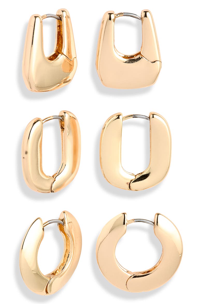 Set of 3 Polished Huggie Hoop Earrings, Main, color, GOLD