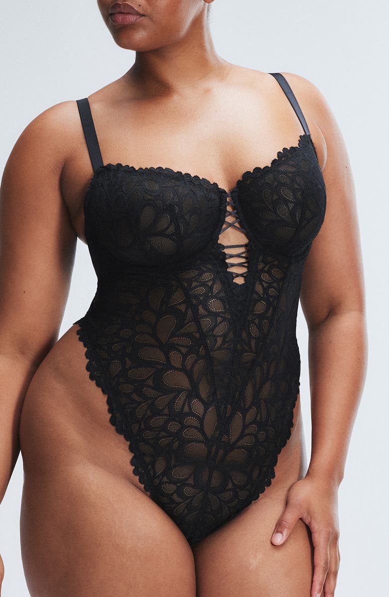 SAVAGE X FENTY Savage Not Sorry Sheer Lace Teddy, Main, color, Black Caviar