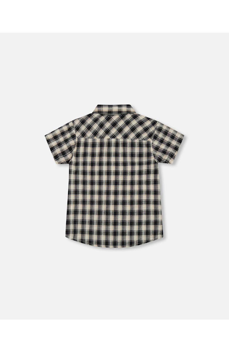Deux par Deux Boy's Short Sleeve Button Down Shirt Black And Beige Plaid, Alternate, color, 