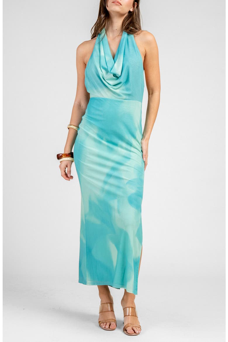 Cowl Neck Mesh Maxi Dress, Alternate, color, BLUE/ GREEN MULTI