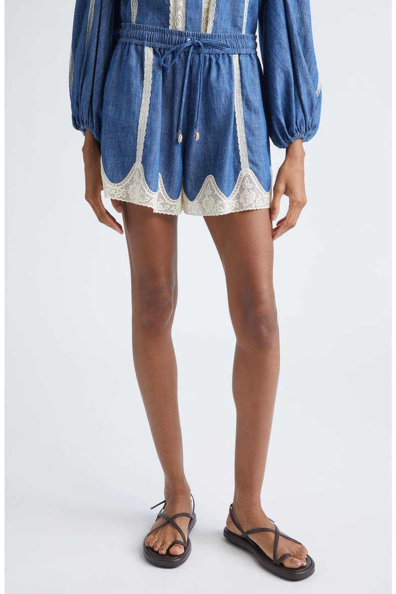 Awaken Lace Trim Denim Shorts, Main, color, RAILWAY BLUE
