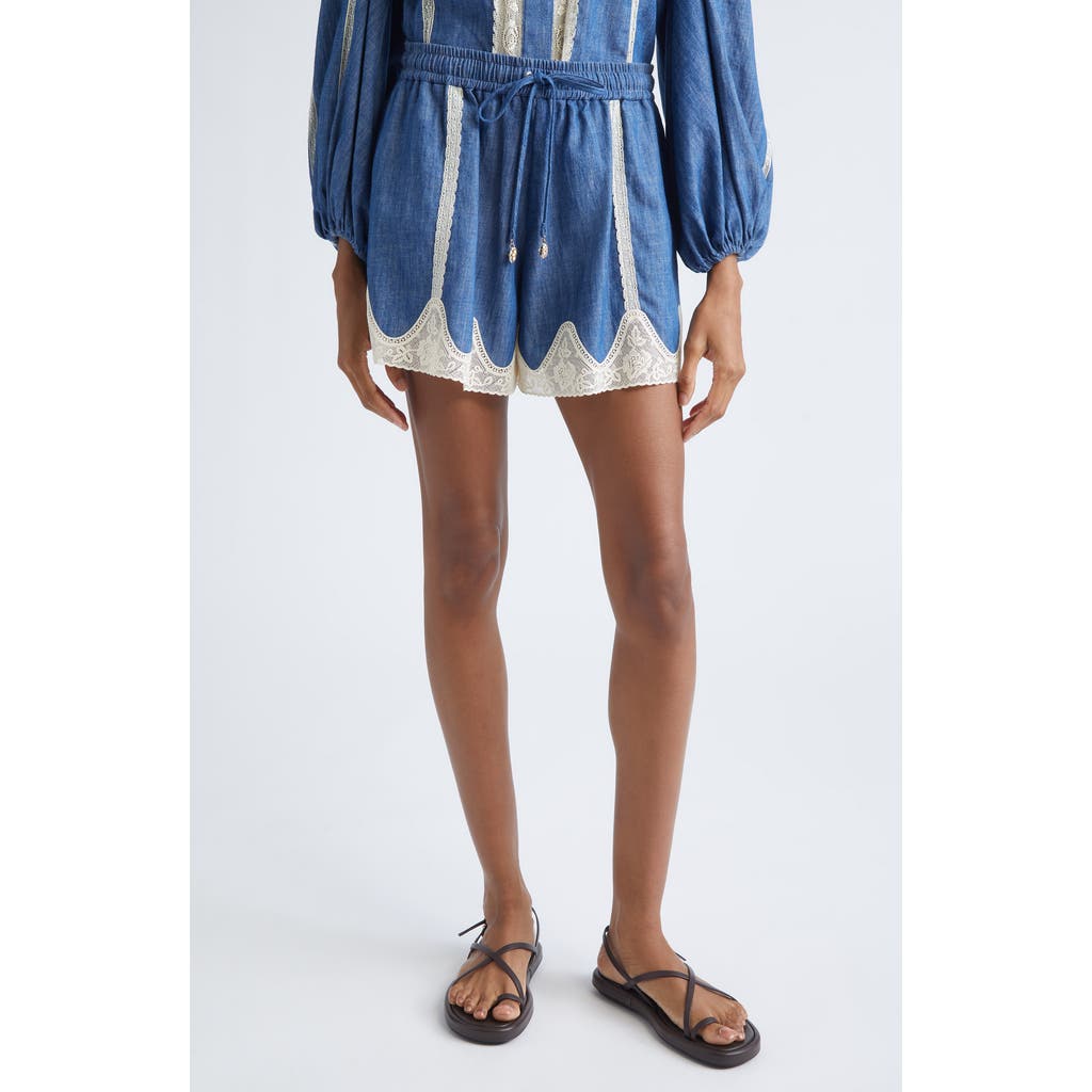 Zimmermann Awaken Lace Trim Denim Shorts In Blue