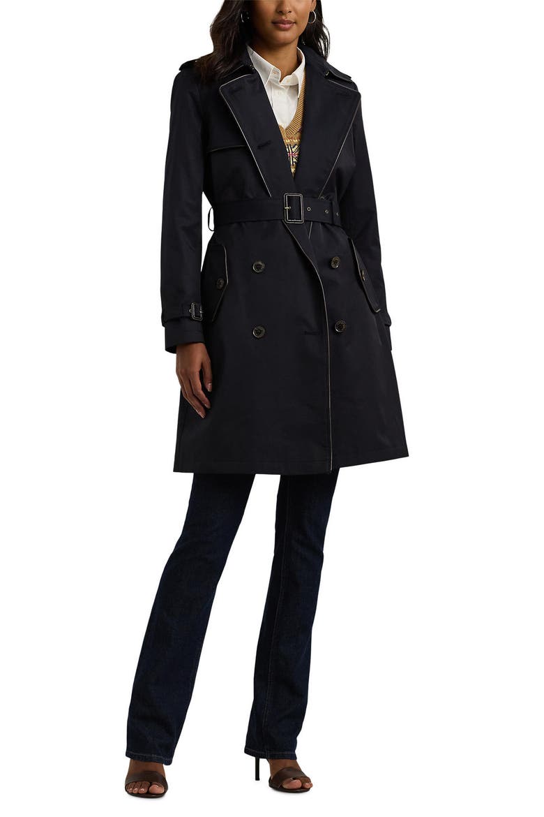 Belted Water Resistant Double Breasted Trench Coat, Alternate, color, DARK NAVY