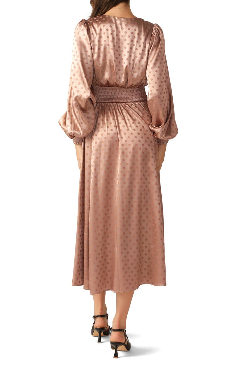 FLYING TOMATO Polka Dot Long Sleeve Satin Midi Dress, Alternate, color, Mocha