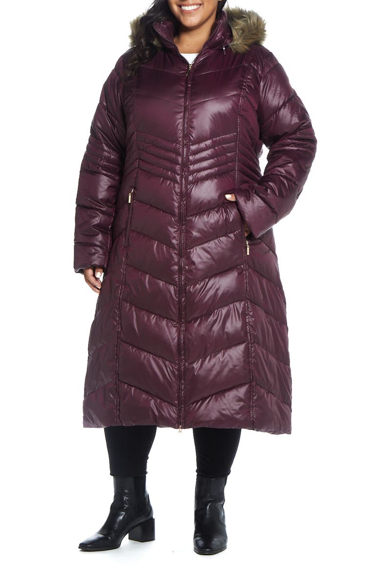 Hooded Maxi Puffer Coat with Faux Fur Trim, Main, color, PORT
