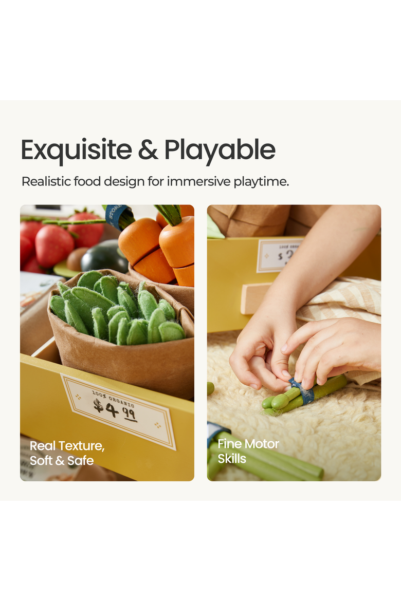 Organic Wooden Play Food Collection for Kids,4 Themed Sets, Alternate, color, Multicolor