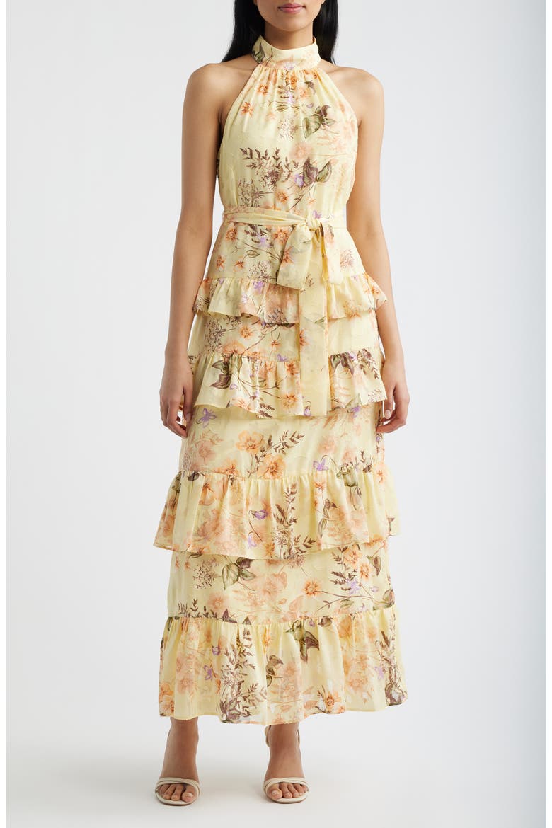 Tiered Ruffle Sleeveless Chiffon Maxi Dress, Main, color, DAFFODIL MULTI
