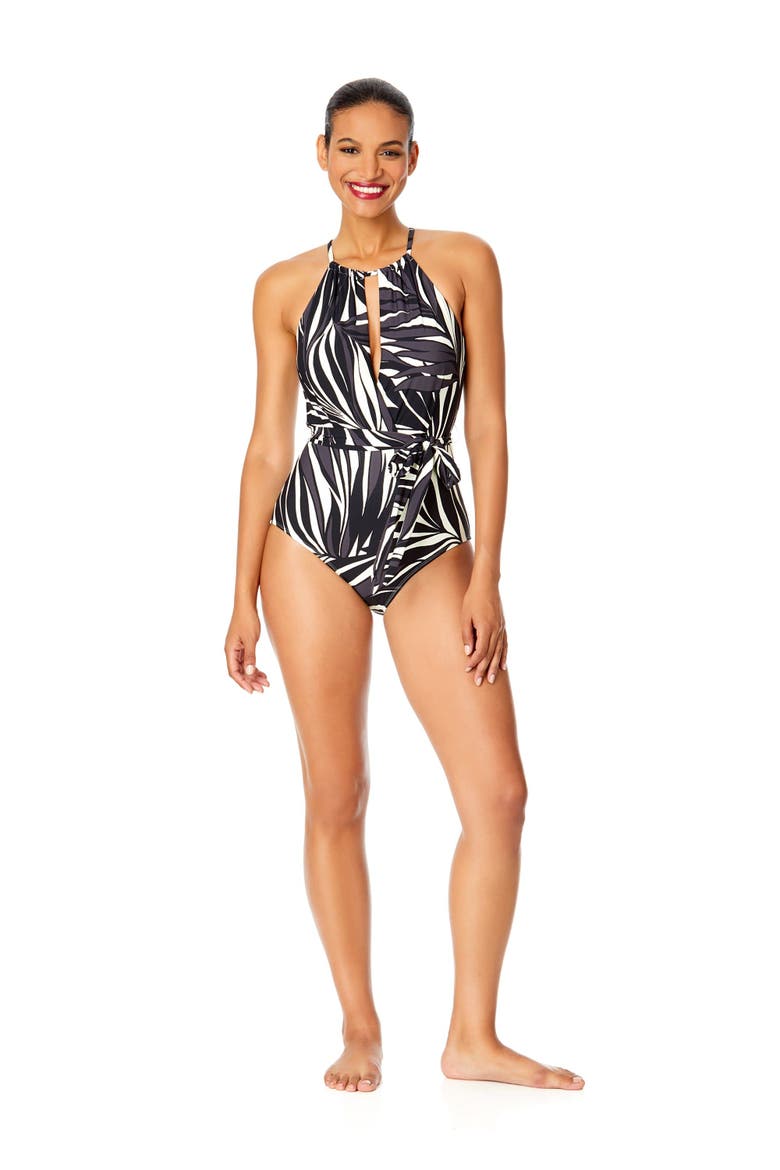 Women's Live In Color High Neck Plunge One Piece Swimsuit, Alternate, color, Palm Chic