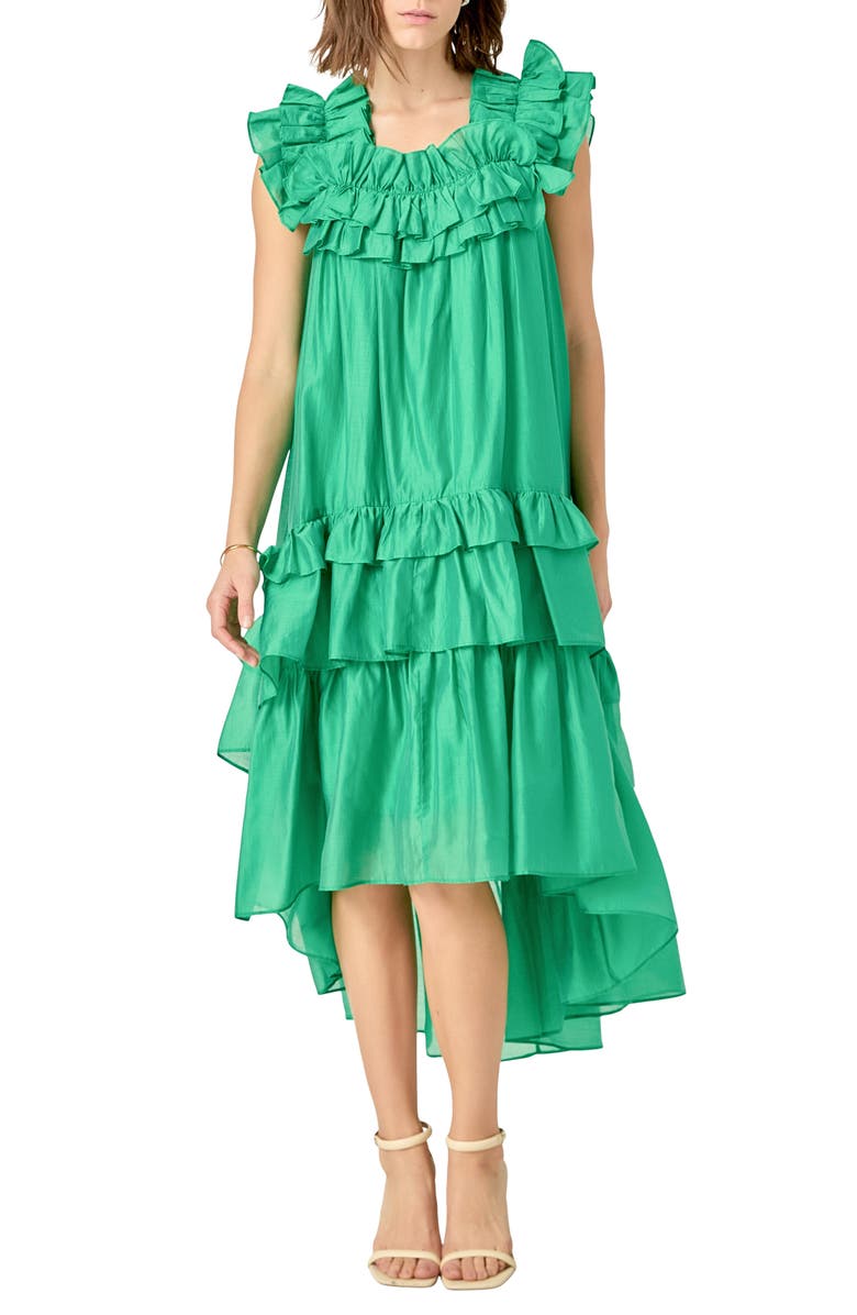 English Factory Ruffle Sleeveless High-Low Maxi Dress, Main, color, Green