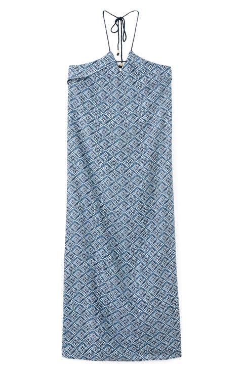Print Halter Neck Open Back Midi Dress
