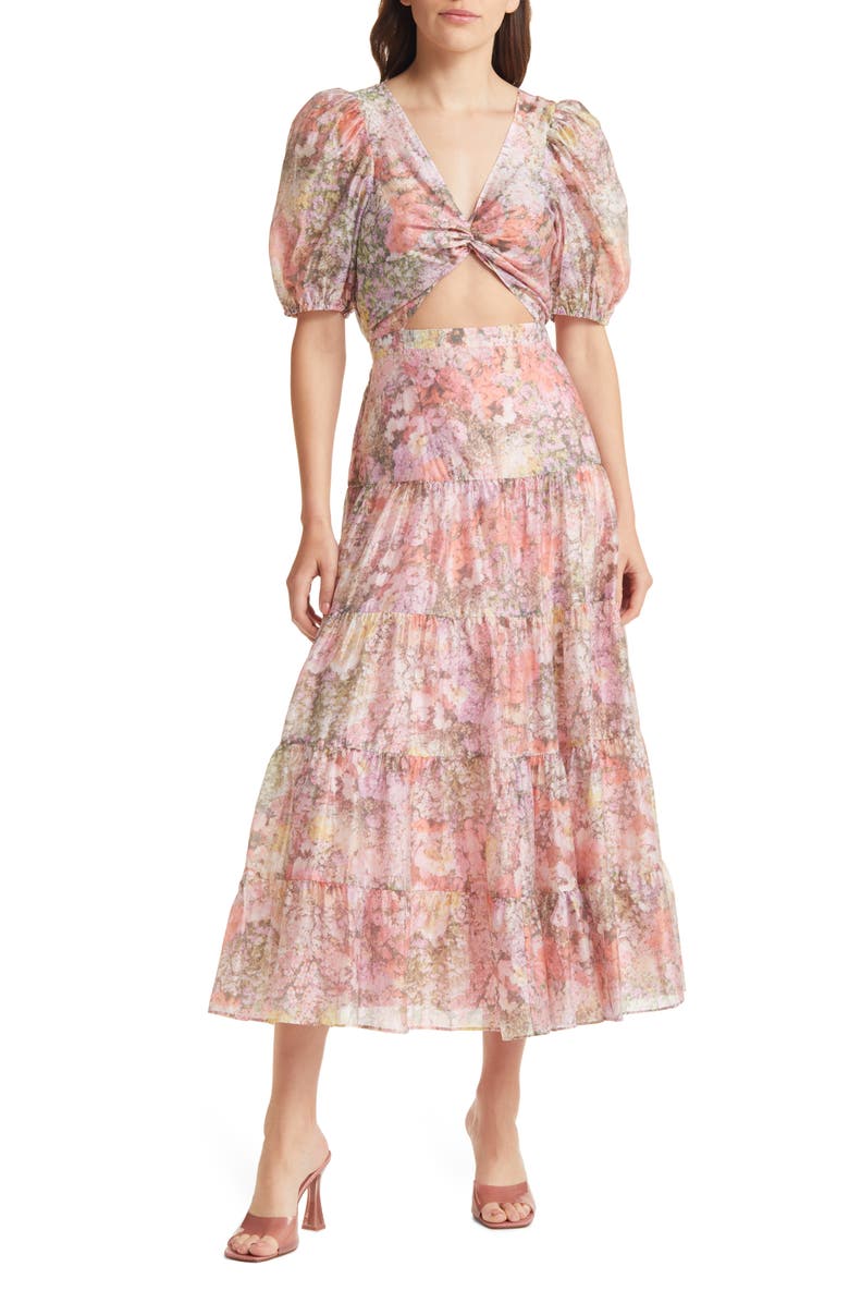 & Other Stories Floral Cutout Puff Sleeve Organza Midi Dress, Main, color,
