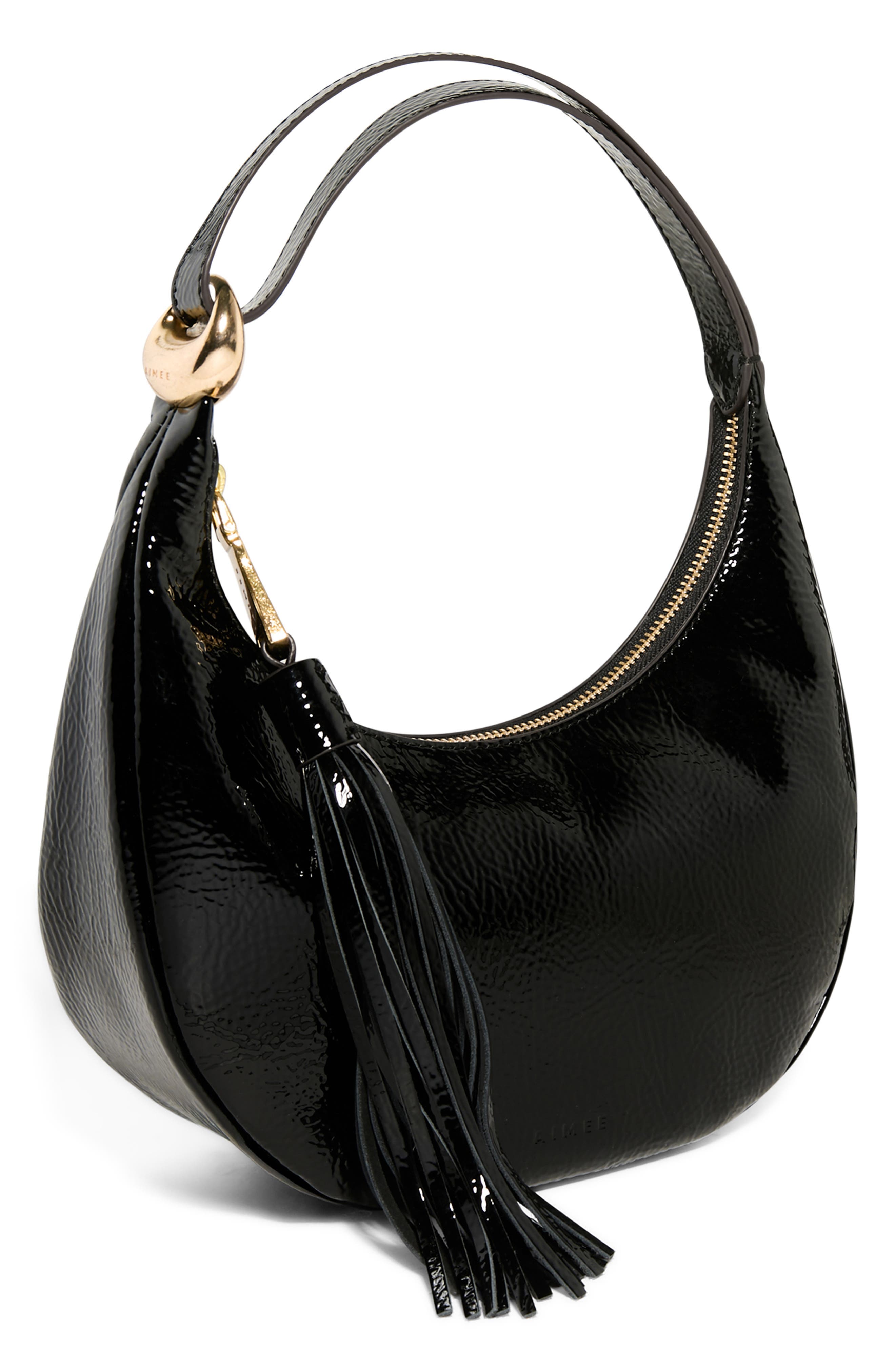 AIMEE Bloom Bean Bag Leather Moon Bag, Alternate, color, Black Crinkle Patent