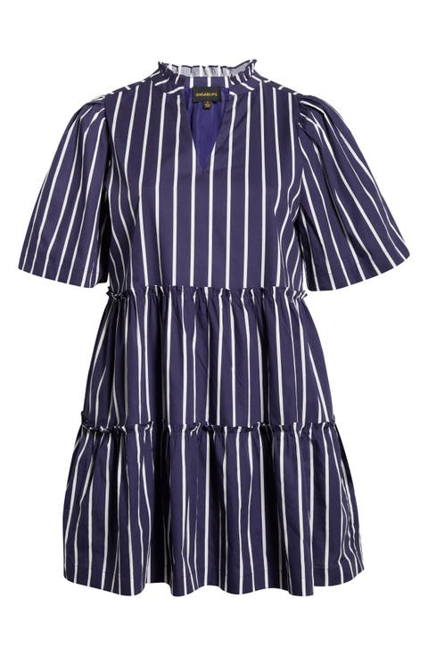 Stripe Split Neck Trapeze Dress (Plus)