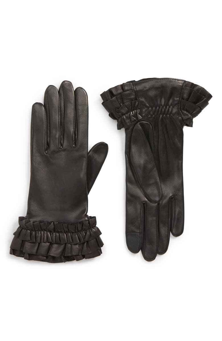 Agnelle Frill Cuff Lambskin Leather Gloves, Main, color, 