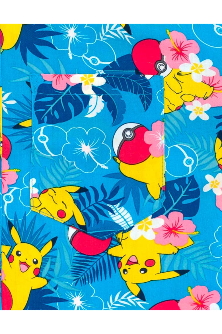 Pikachu Hawaiian Short Sleeve Button Down Shirt, Alternate, color, Pikachu Island Blue