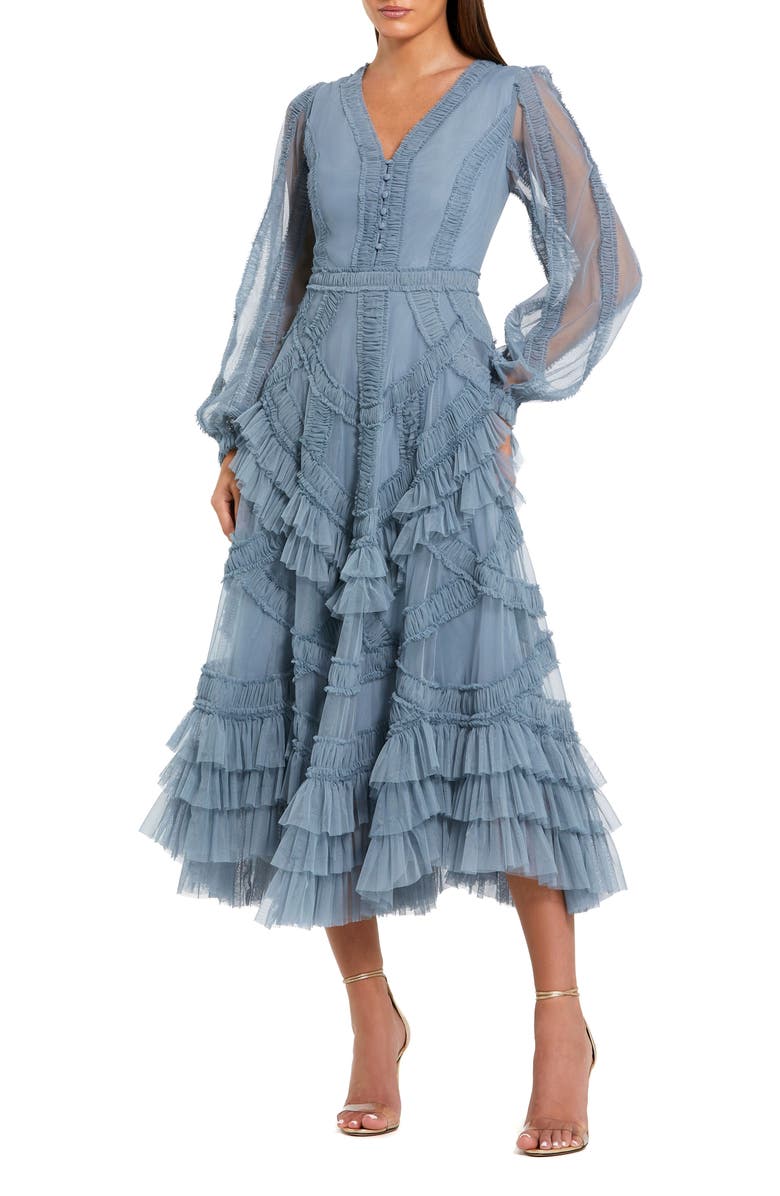 Mac Duggal Long Sleeve V Neck Mesh Micro Ruffle Midi Dress, Main, color, Slate Blue