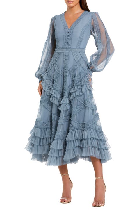 Long Sleeve V Neck Mesh Micro Ruffle Midi Dress