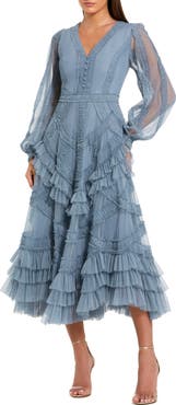 Mac Duggal Long Sleeve V Neck Mesh Micro Ruffle Midi Dress