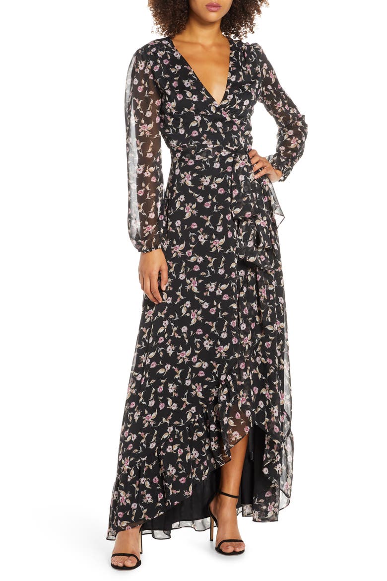 The Meryl Floral Long Sleeve Wrap Gown, Main, color, BLACK ALLOVER BLOSSOMS