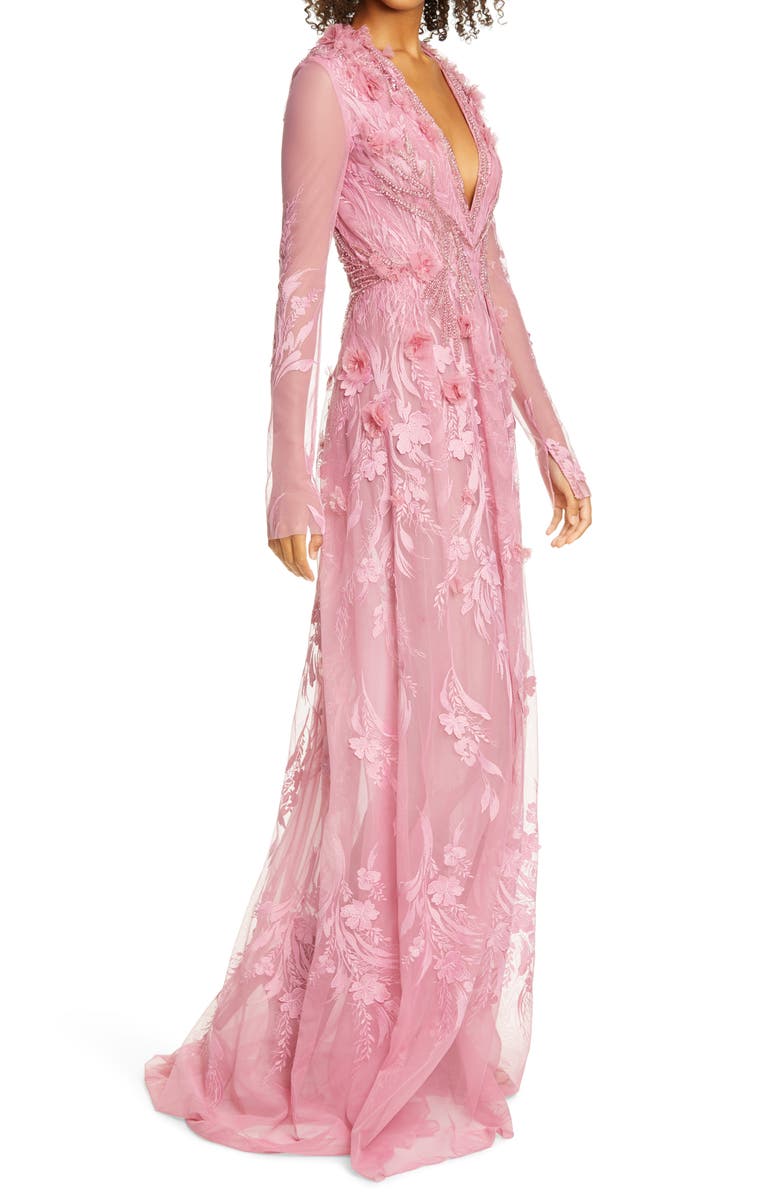 Pamella Roland Long Sleeve 3D Floral Embroidered Lace Gown, Alternate, color, 