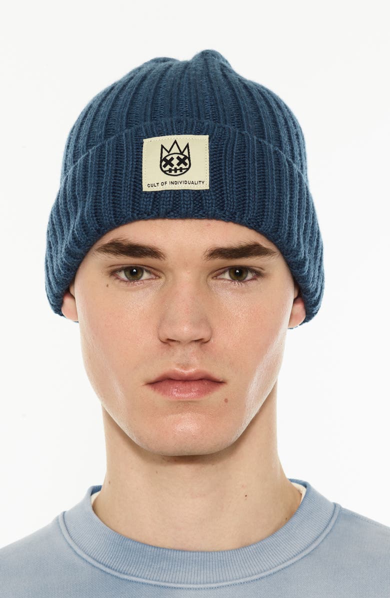 Cult of Individuality Rib Cuff Wool Blend Beanie, Main, color, Blue Steel