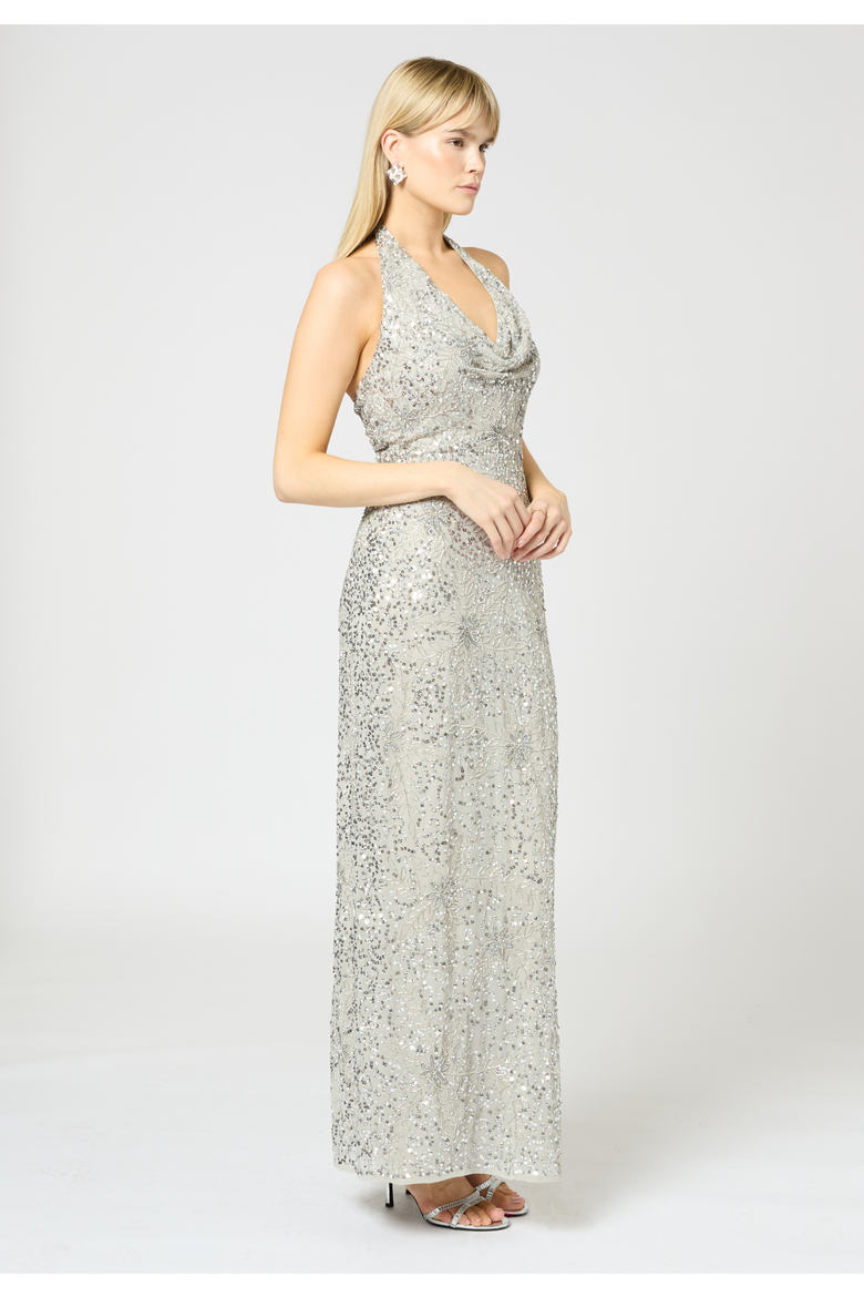 Embellished Sequin Beaded Maxi Dress With V Cowl Neck, Alternate, color, LIGHT GREY