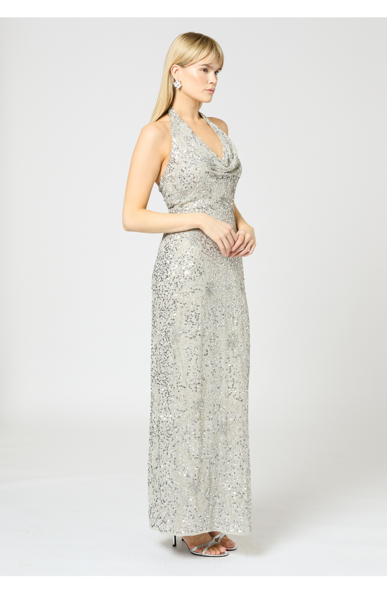 BEAUUT Embellished Sequin Beaded Maxi Dress With V Cowl Neck, Alternate, color, Light Grey