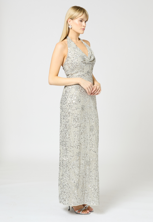 Beauut Embellished Sequin Beaded Maxi Dress With V Cowl Neck In Gray