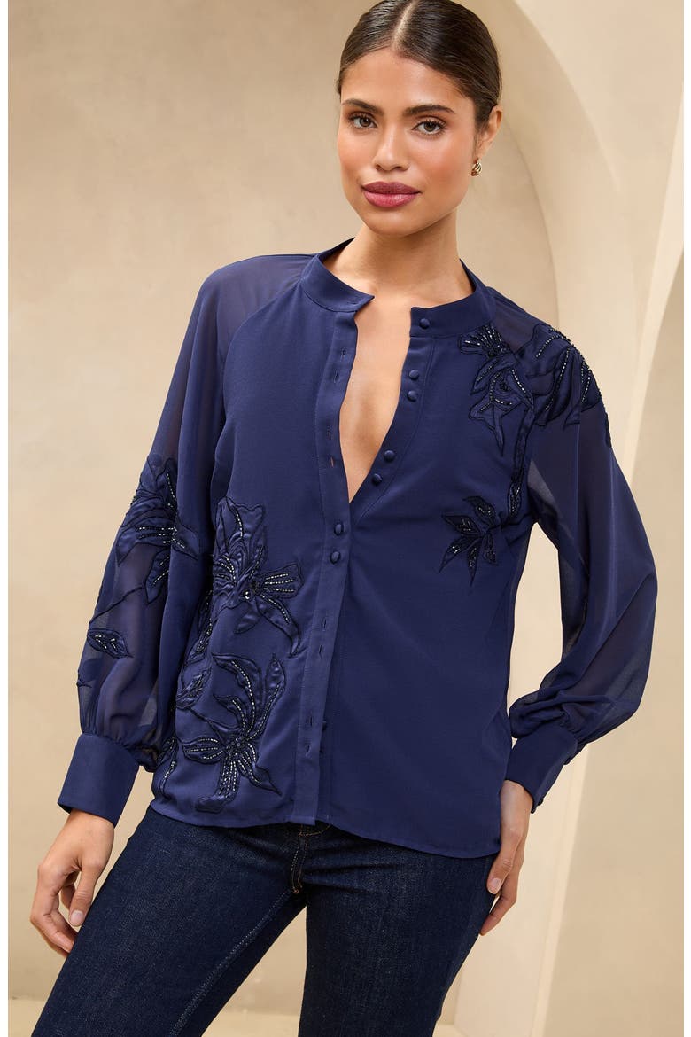 Floral Appliqué Band Collar Button-Up Shirt, Alternate, color, NAVY